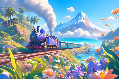 紫色火车穿梭在春日美景背景图片