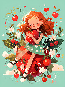 抱着枇杷的女孩女孩抱着樱桃插画