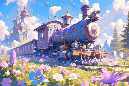 紫色火车穿越花海的奇幻插图背景图片