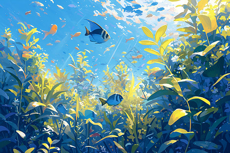 植物丛中水草丛中游弋的鱼插画