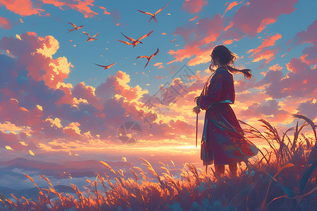 夕阳下的女战士背景图片