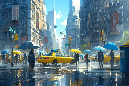 雨中汽车雨中的人群插画
