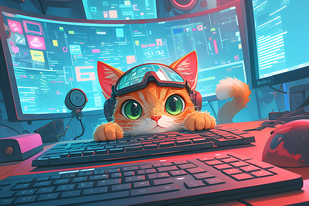 打键盘活力四溢的猫咪插画