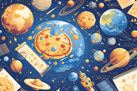 星球与太空元素的披萨贴纸背景图片