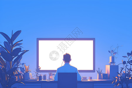办公用电脑用电脑工作中的男子插画