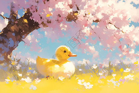 黄鸭子鸭子在樱花树下的欢乐场景插画