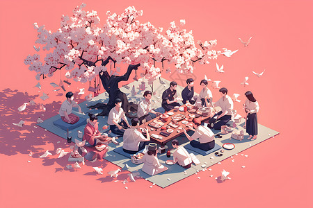 樱花树下野餐的人物插画背景图片