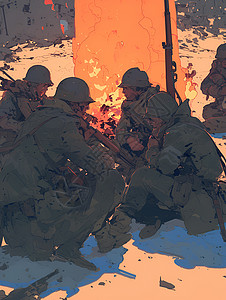 战士围坐篝火旁高清图片