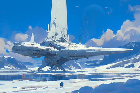雪地上方的未来舰船插画