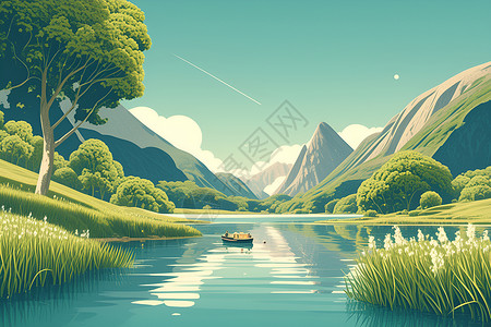 草甸湖泊与翠绿群山插画