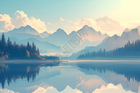 草甸圣人宁静的湖面景色插画