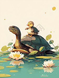 池塘鸭子鸭子骑在乌龟背上插画