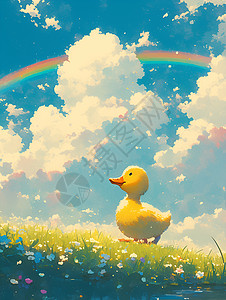 云彩中的彩虹草地的欢快鸭子插画