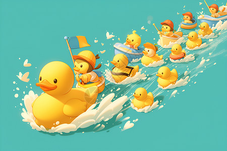 鸭子玩具泳圈橡皮鸭带领玩具船欢乐航行插画