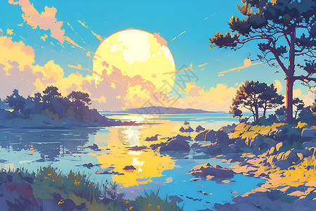 海岛夕阳夕阳下的岛屿海滩插画