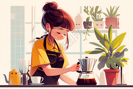 咖啡柜台柜台后冲泡咖啡的女服务员插画