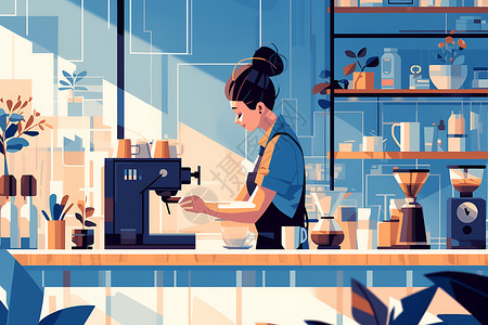 咖啡馆吧台柜台里的女咖啡师插画