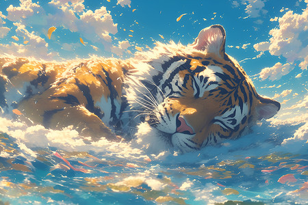 孟加拉白虎云海中沉睡的老虎插画
