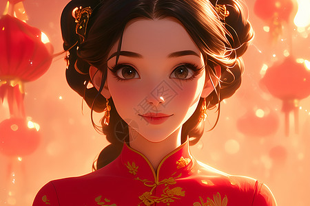 红色极简妆容古风少女的美丽妆容插画