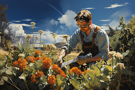 农药袋子整理花园的男子插画