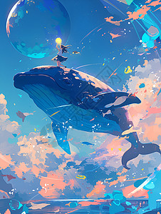 蓝鲸背景少女骑鲸插画插画