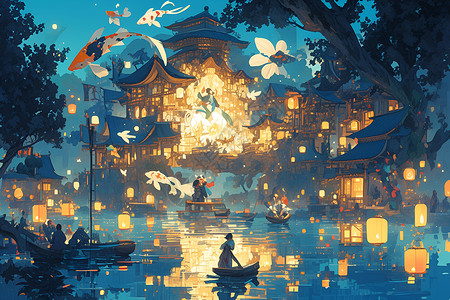 中式传统建筑夜幕中的锦鲤灯光秀插画