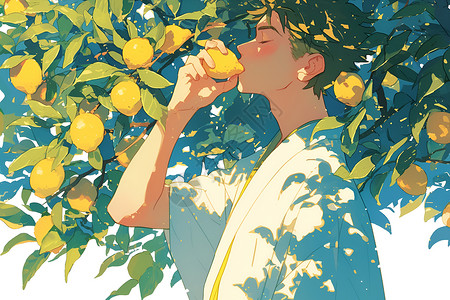夏天果汁柠檬树下的男子插画