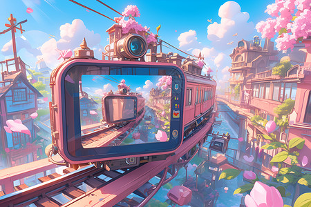 粉色火车穿梭城市美景背景图片