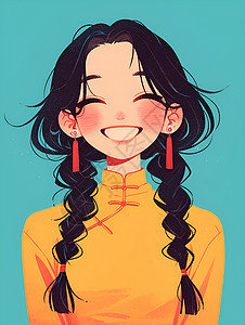 黑发的中国女孩可爱微笑插画