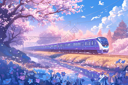 经过测试樱花树下经过的火车插画