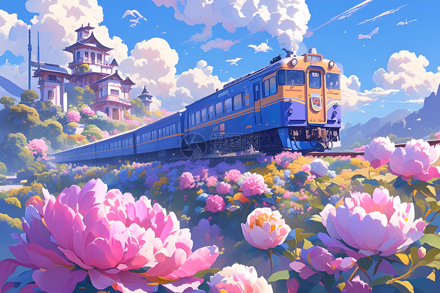 火车穿过美丽的花园图片