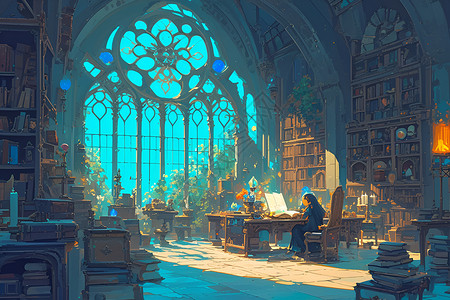图书馆书架阳光里看书的巫师插画