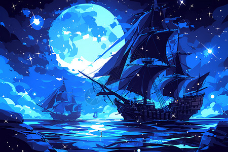 月夜海盗船背景图片