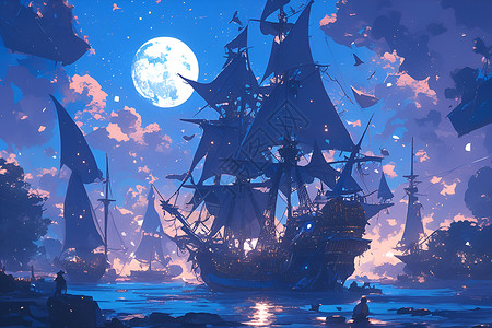 小海盗帆船月光下的海盗船队插画
