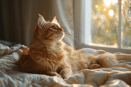 静坐床上的猫咪背景图片