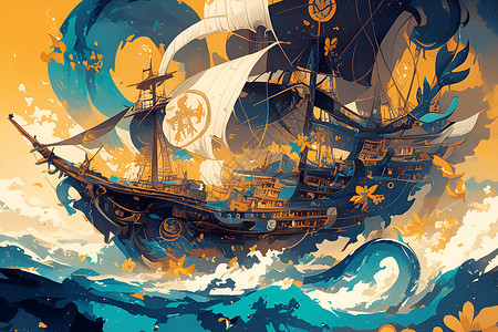 波浪里的海盗船背景图片