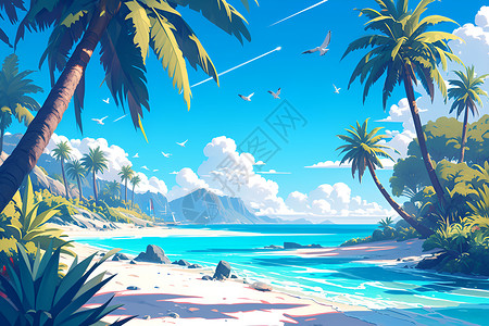 热带的海滩蓝天棕榈树高清图片