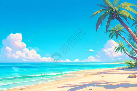 椰树沙滩海滩上的美景插画