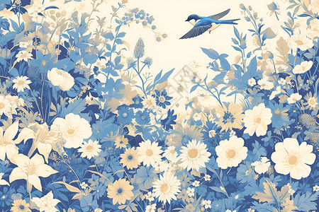 百花报春飞翔于百花之间的蓝鸟插画