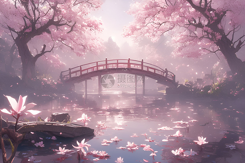 桥边的樱花图片