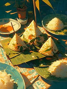 中式竹叶背景桌子上的糯米粽子插画