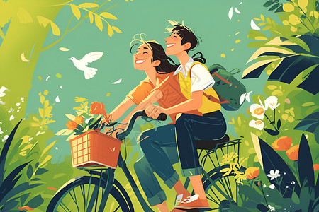 骑自行车男女青年男女骑自行车穿越森林插画
