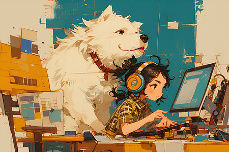 女孩和一只狗一起看电脑插画