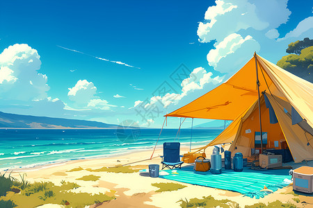 美丽的海边沙滩上的帐篷插画