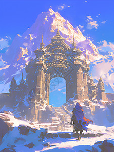 旭日照耀下的雪景石门背景图片