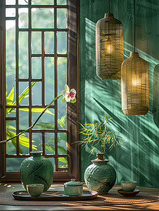 窗插画窗户下的瓷器背景
