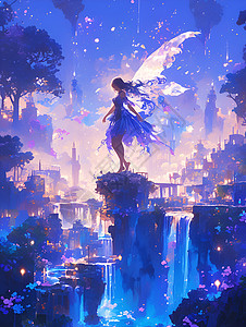 蓝色瀑布效果星光瀑布下的仙女飞舞插画