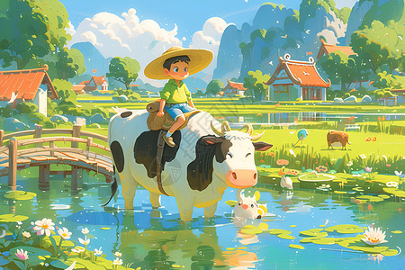 乡村放牛的男孩背景图片