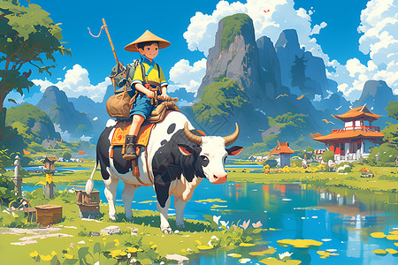 小男孩骑牛在田野间背景图片