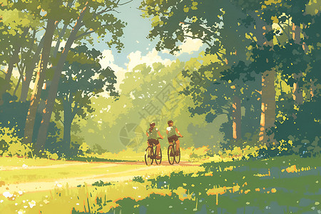 森林穿越恋人骑车穿越森林插画